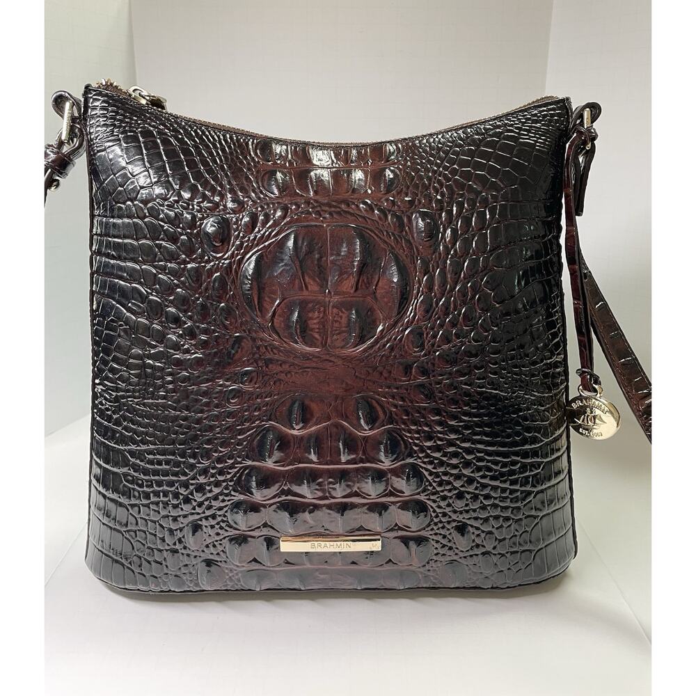 Brahmin Katie Croc-embossed Pecan Brown Leather Shoulder Bag Purse. One Owner!